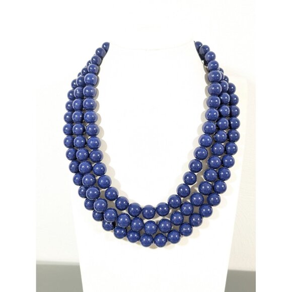 Blue Round Bead Triple Strand Necklace Statement Classic Retro 20 - Picture 1 of 7